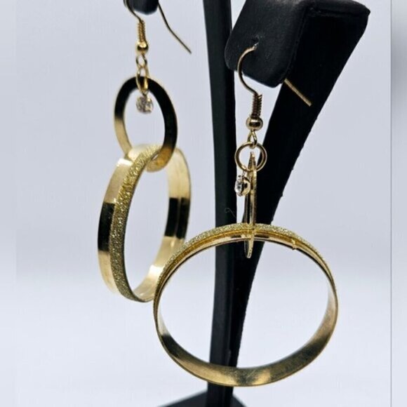 Double Hoop Textured Gold Tone Earrings - Picture 4 of 5
